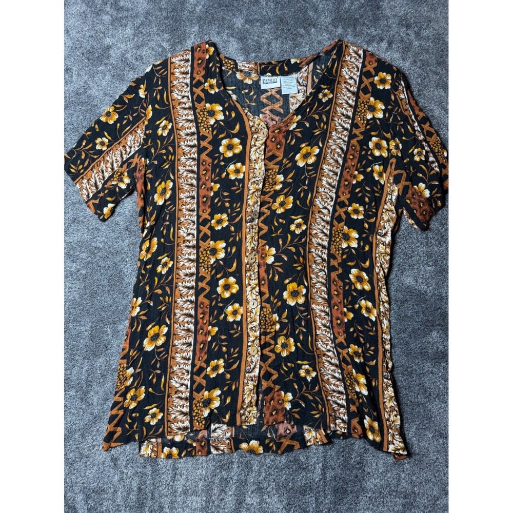 Capacity Woman Vintage Floral Stripe Rayon Button Up Blouse Black Orange 1X